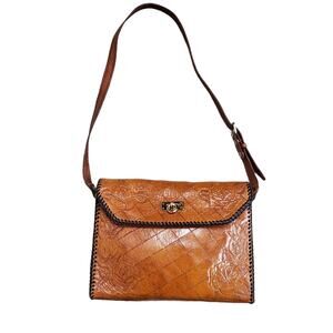 Vintage Crossbody Purse Handbag Brown Leather Tooled Whipstitch Gold Closure